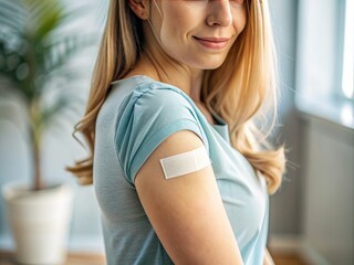 Close-up of a female patient's arm with a bandage, post-vaccination, highlighting the importance of immunization against various diseases for a healthy and protected life.