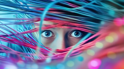 Drowning in Data: A solitary figure entangled in a chaotic web of digital information, their eyes wide with fear and confusion.Concept of Information Overload and Anxiety in a Surrealism Style.