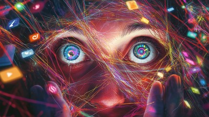 Drowning in Data: A solitary figure entangled in a chaotic web of digital information, their eyes wide with fear and confusion.Concept of Information Overload and Anxiety in a Surrealism Style.