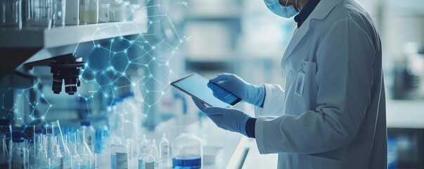 Medical Research, Health technology, Healthcare and medicine concept. Technician using digital tablet, studying chemical elements in hospital laboratoty with medical icons, Generative AI