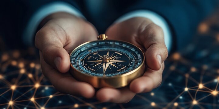 Businessman touching on virtual navigation compass and define marketing direction, analyzing business growth graph on global network, business solution, recovery and development, Generative AI