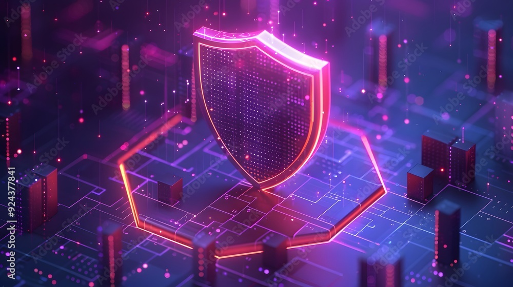 Poster digital shield symbolizing cybersecurity and data protection in a futuristic virtual environment wit