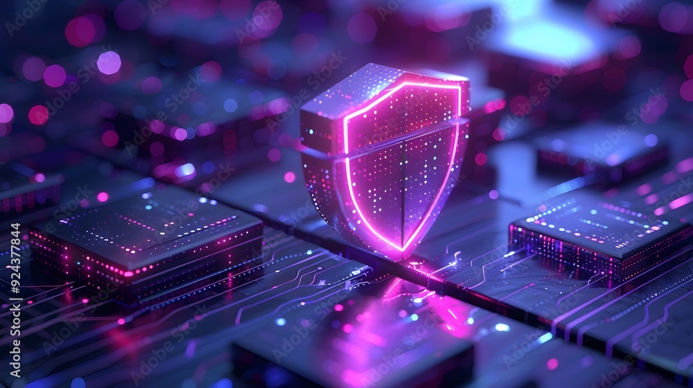 Poster digital shield symbolizing cybersecurity and data protection on a futuristic circuit board with neon