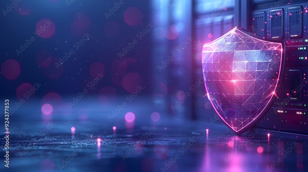 Poster digital shield symbolizing cybersecurity and data protection with neon lights in a server room envir
