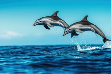 Fototapeta premium Lively dolphins swim, jump, and leap through the surf with vibrant energy.