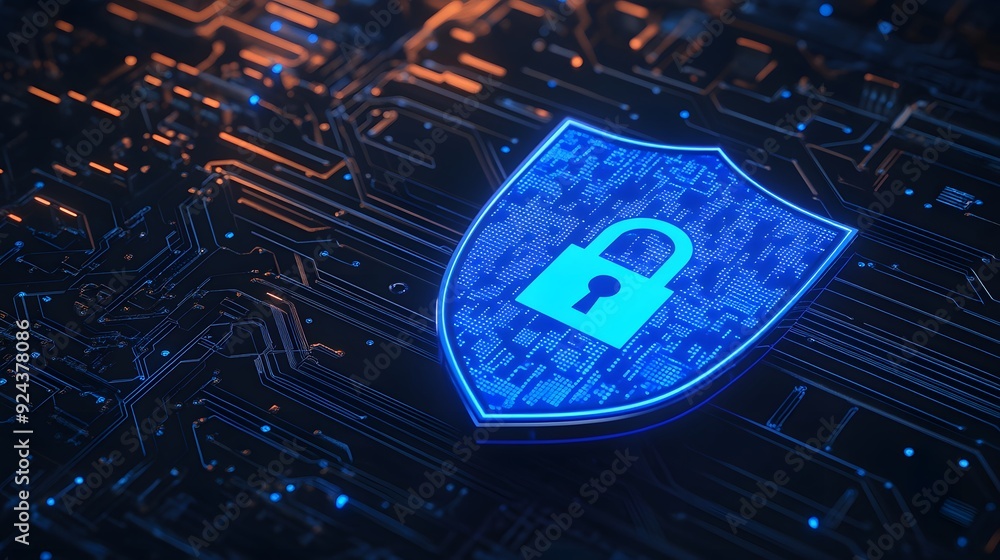 Poster digital shield with a padlock symbol illuminates a dark circuit board, representing cybersecurity an