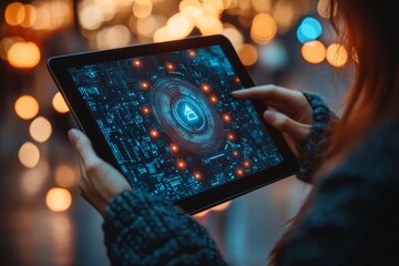Cyber security system and data protection. Person using digital tablet protecting personal data with virtual network connection, smart solution from cyber attack, cybersecurity, Generative AI