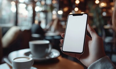 Cell phone white screen mockup, Woman hand holding mobile phone with blank screen while working at coffee shop. Business woman using smartphone, mockup for social media, Generative AI
