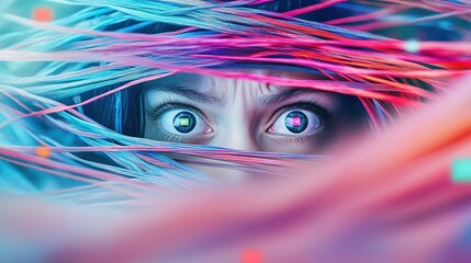 Drowning in Data: A solitary figure entangled in a chaotic web of digital information, their eyes wide with fear and confusion.Concept of Information Overload and Anxiety in a Surrealism Style.