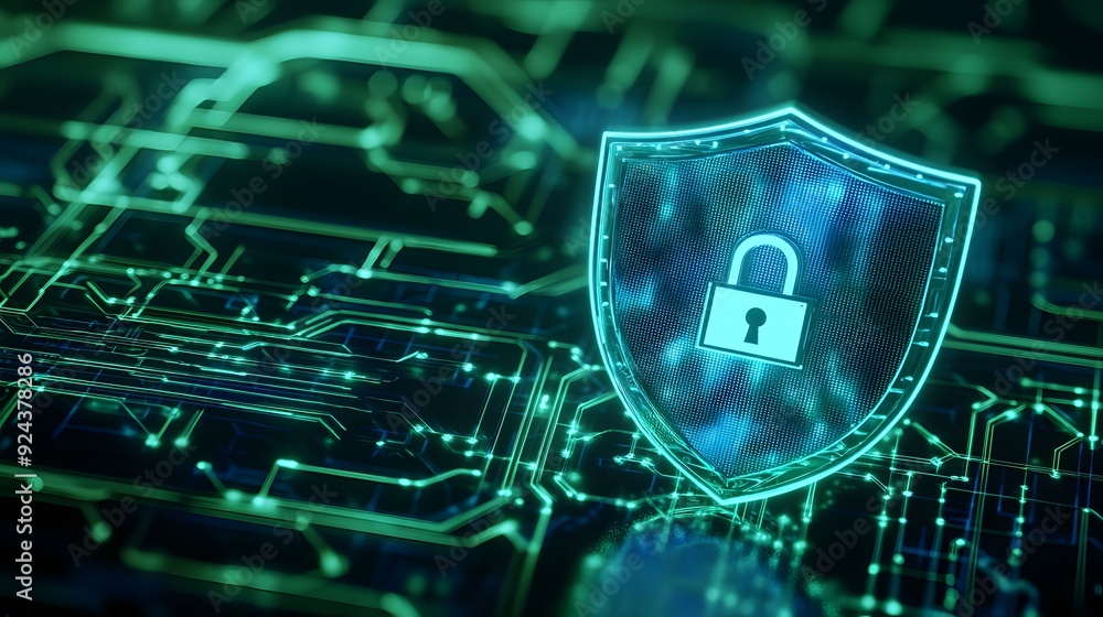 Poster digital shield with lock symbol on a circuit board, representing cybersecurity, data protection, and