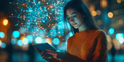 Internet network technology, digital software development, future tech background, IoT concept. Man using mobile phone and laptop with global network connection, computer, Generative AI