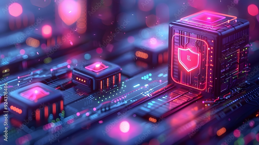 Poster futuristic circuit board with glowing cyber elements and a security shield, representing advanced te
