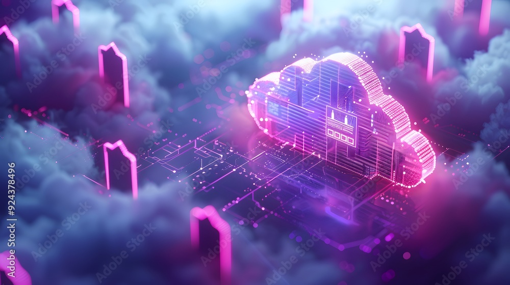 Poster futuristic cloud computing concept with glowing pink neon lights and data nodes in cloudy sky. digit