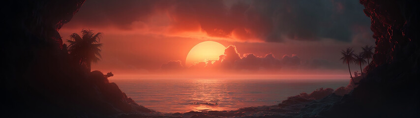 sunset over tropical island and ocean