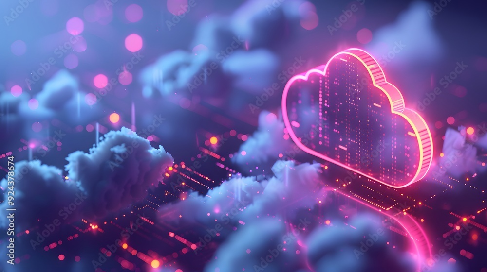 Poster futuristic concept of cloud computing and technology with neon-colored cloud icons in a digital netw