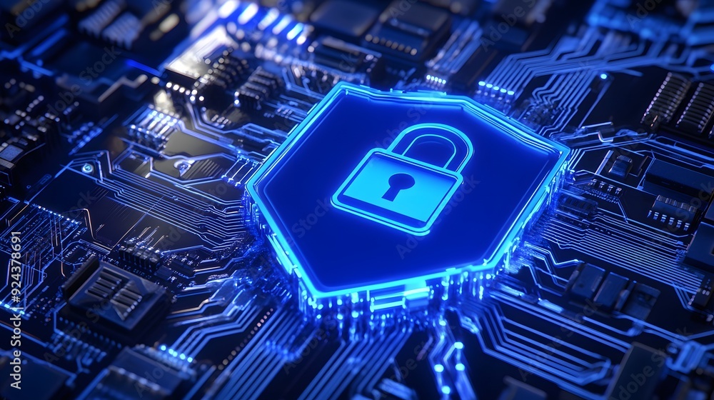 Aufkleber futuristic cyber security concept with a glowing digital lock on a circuit board, representing data 
