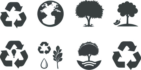 Fototapeta premium A simple vector icon set of ecology and nature symbols, including a recycling symbol, tree, water drop, and earth .icons in black and white style with isolated on white 