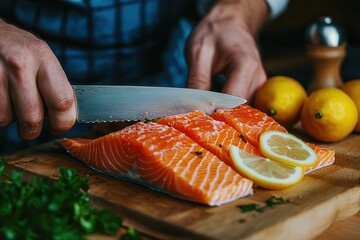 A chef skillfully preparing a fresh salmon fillet with a knife on a wooden kitchen table, surrounded by lemons, creating a nutritious, omega-rich meal.






