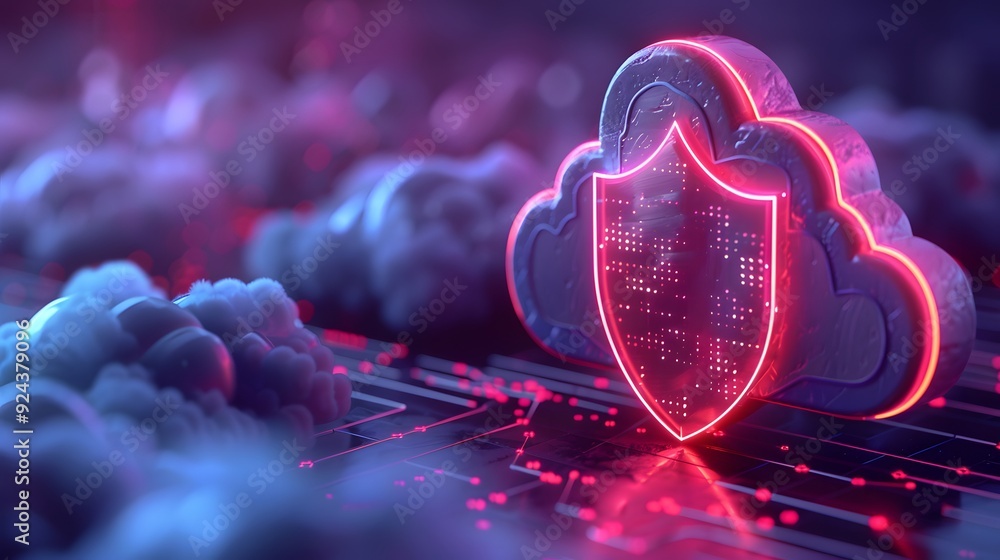 Poster futuristic cybersecurity concept with a shield icon within a cloud, representing protection in a dig