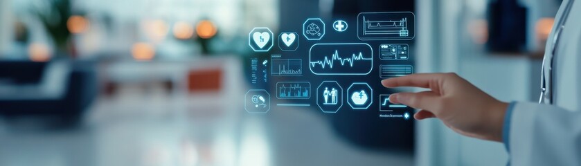 A medical professional interacting with digital health icons on a transparent interface in a modern healthcare setting.