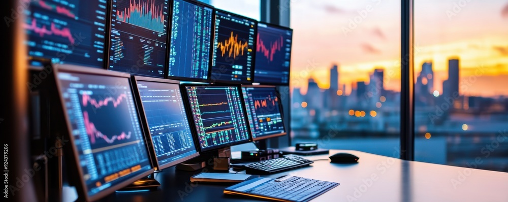 Aufkleber a modern trading desk with multiple monitors displaying financial data and graphs against a city sky