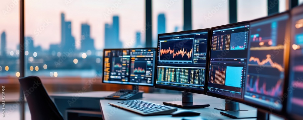 Poster a modern office setup with multiple monitors displaying financial data against a city skyline backdr