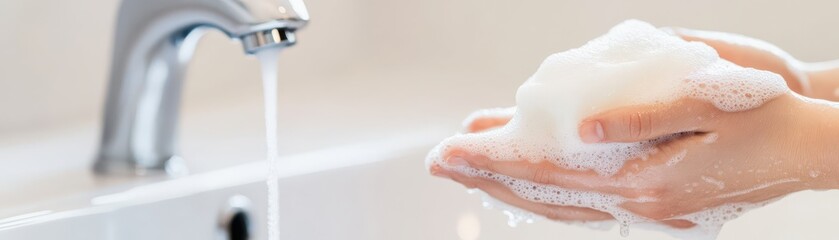 Fototapeta premium A person washing hands with soap under running water, promoting hygiene and cleanliness in daily routines.