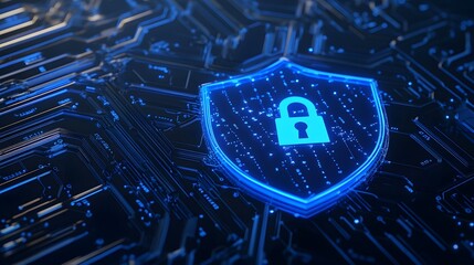 Futuristic cybersecurity shield with digital lock, representing data protection and secure technology in a digital circuit environment.