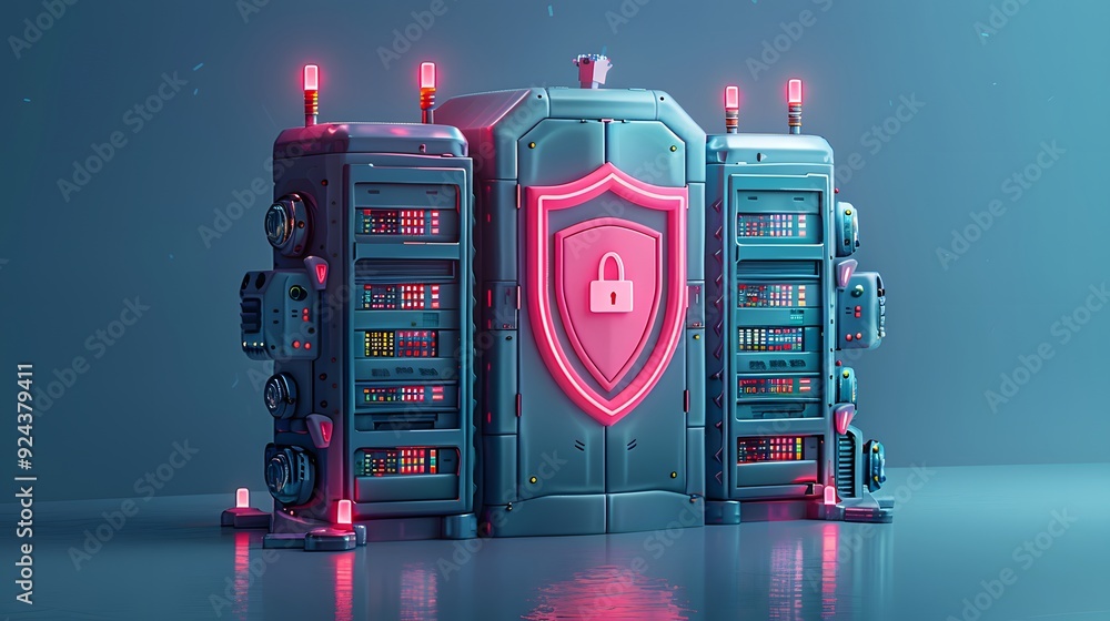 Poster futuristic data server room with neon lights, showcasing cybersecurity concept with locked shield an