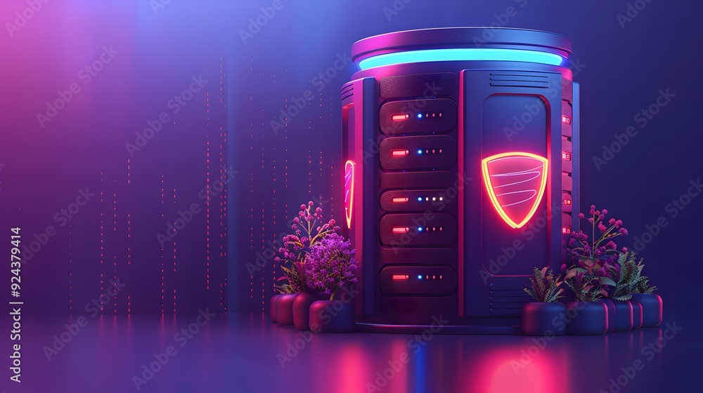Poster futuristic data server with glowing lights in a neon-lit environment, showcasing advanced technology