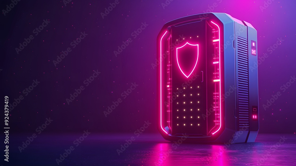 Poster futuristic data server with neon pink lights and a shield icon representing cybersecurity. high-tech