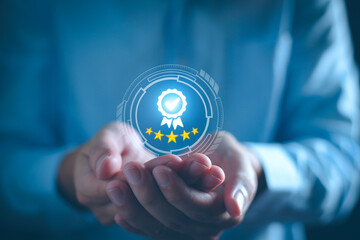 Quality control certificate concept. Businessman show high quality assurance award, warranty best customer service rank, ISO standard certificate, Market value, premium business quality assurance.