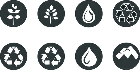 A simple vector icon set of ecology and nature symbols, including a recycling symbol, tree, water drop, and earth .icons in black and white style with isolated on white 