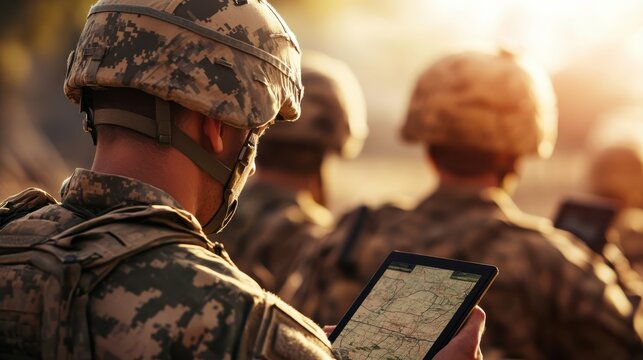 A soldier uses a tablet to navigate during a mission, showcasing modern technology in military operations.