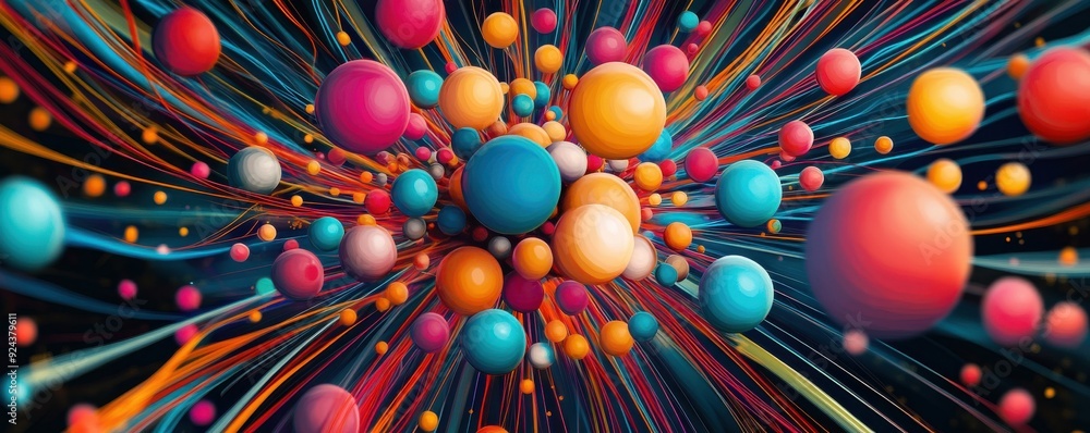 Aufkleber a vibrant explosion of color featuring spheres and dynamic lines, creating an energetic and engaging