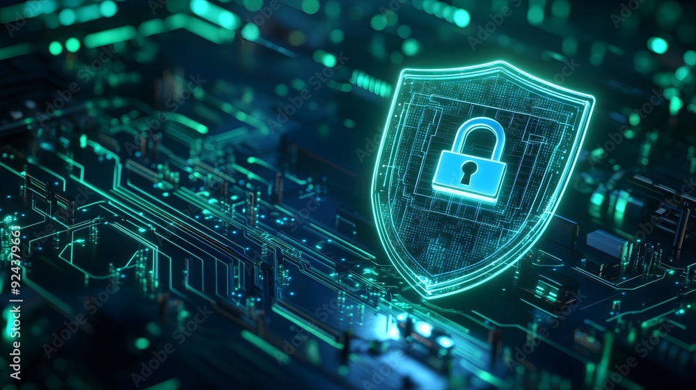 Poster futuristic digital security concept with a glowing padlock shield on a circuit board, symbolizing cy