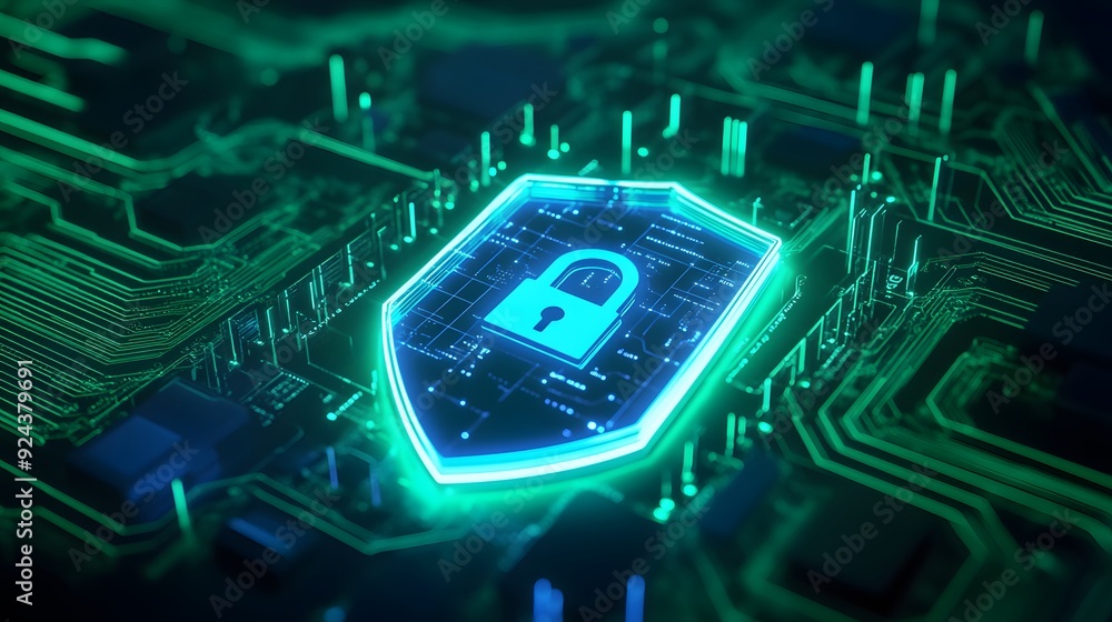 Poster futuristic digital security concept with a glowing padlock symbol on a computer circuit board, highl