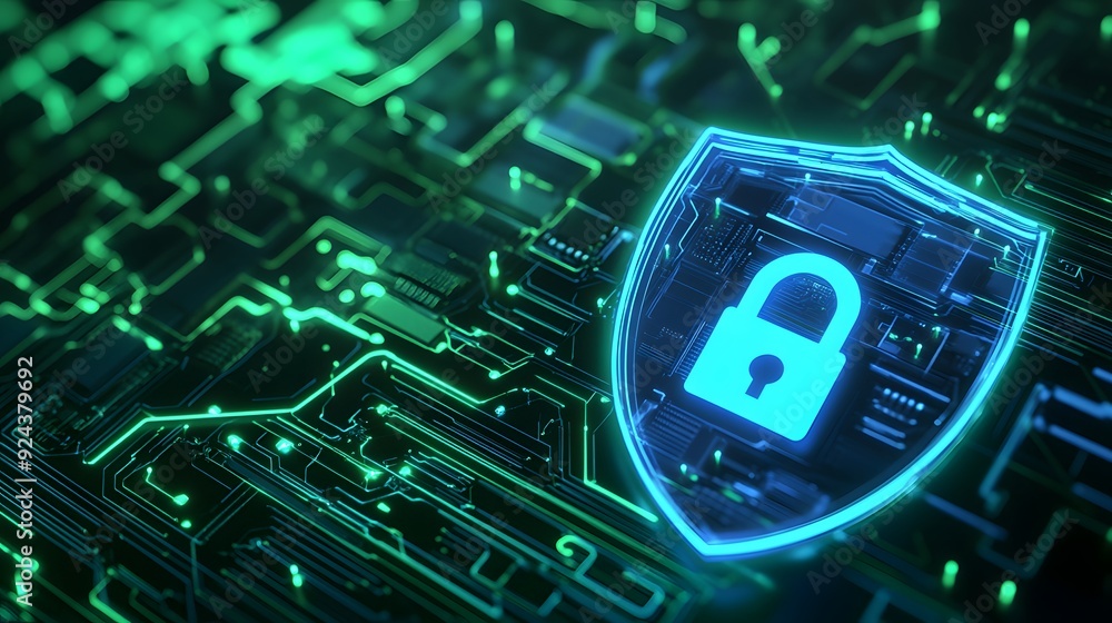 Poster futuristic digital security concept with a glowing shield and lock on a green technological circuit 