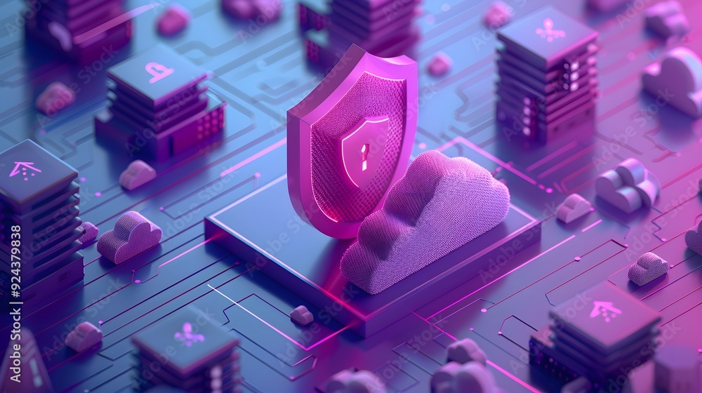 Poster futuristic digital security concept with cloud storage and shield symbols representing data protecti