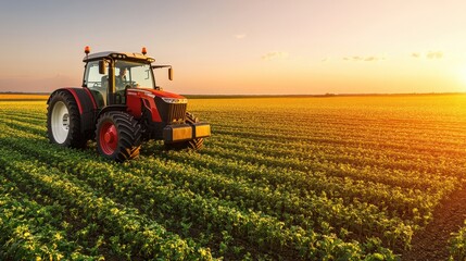 Fototapeta premium A vibrant sunset view of a red tractor working in a lush green field, symbolizing modern agriculture and farming.