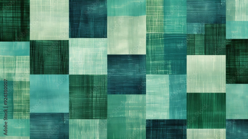Poster a bold and modern design featuring overlapping cells in a checkered pattern in shades of green and t