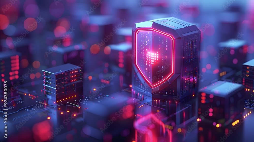 Poster futuristic digital security concept with illuminated shield symbol in advanced technology network en