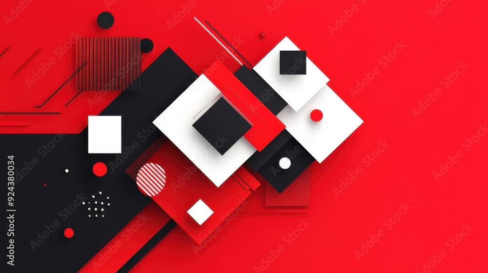 Poster bold red geometric shapes create a striking backdrop, blending modern aesthetics with a playful cart