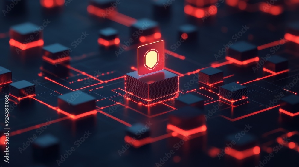 Poster Abstract digital scene featuring glowing circuits and blocks, highlighting technology and innovation in a futuristic setting.