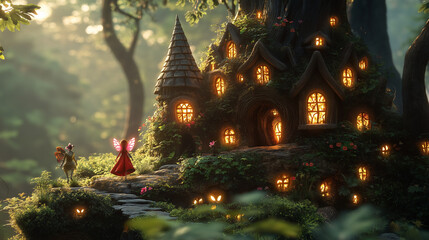 Fototapeta premium A beautiful and peaceful scene, set against a fantasy backdrop of a deep forest, where two figures, presumably fairies, approach a magical tree-like house, illuminated by warm light.