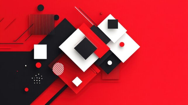 Bold red geometric shapes create a striking backdrop, blending modern aesthetics with a playful cartoon vibe.