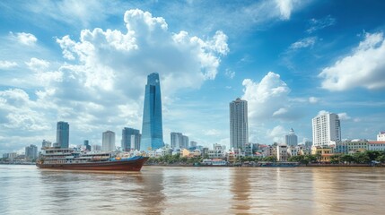 Obraz premium Cityscape with a Boat on the River