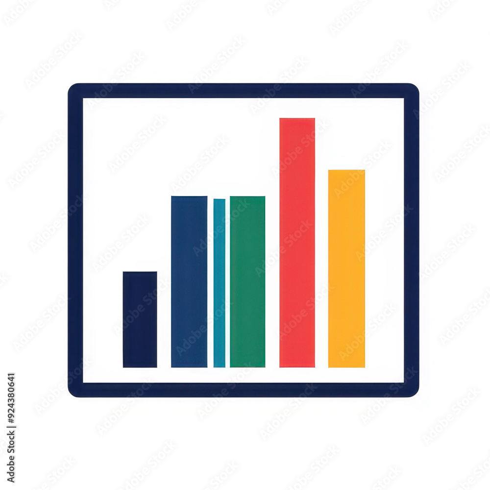 Poster modern vector logo with clean lines and a bar chart, framed in a square border on a crisp white back