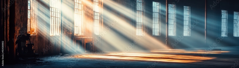 Poster Dramatic light beams filter through windows, illuminating an empty industrial space with shadows and warmth.