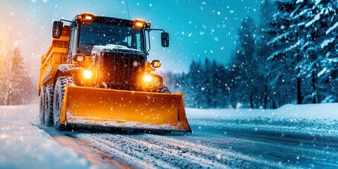 A snowplow diligently clears an icy road, making it passable during the harsh winter season.






